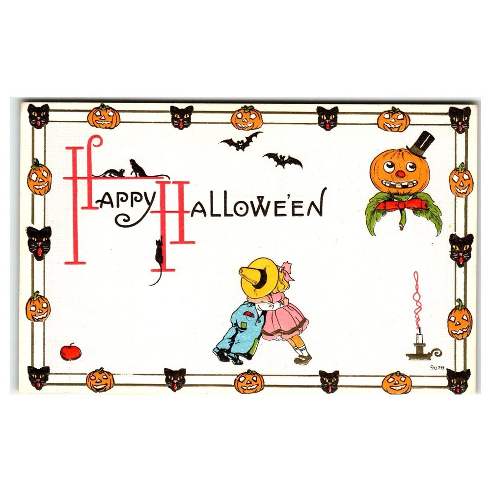 Vintage Halloween Postcard BKS Co. Jack-O-Lantern Black Cats Children Scarecrow